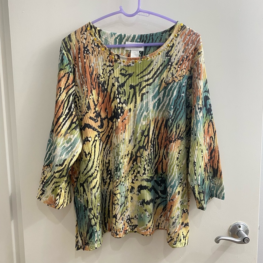 Alfred Dunner Women's Size XL Ribbed Multicolor 3/4 Sleeve Pullover Knit Top